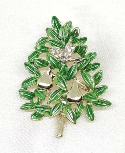 Christmas Partridge In A Pear Tree Brooch Pin Gold Tone