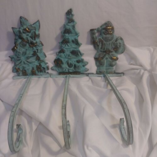 3 Vintage Solid Heavy Brass Christmas Stocking Holder Hanger Patina Santa Tree