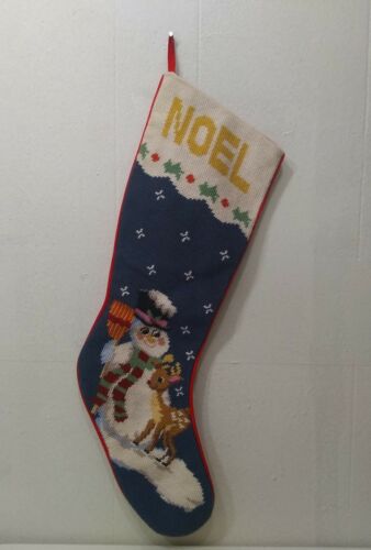 Vintage Needlepoint Christmas Stocking NOEL Snowman Reindeer FREE SHIP