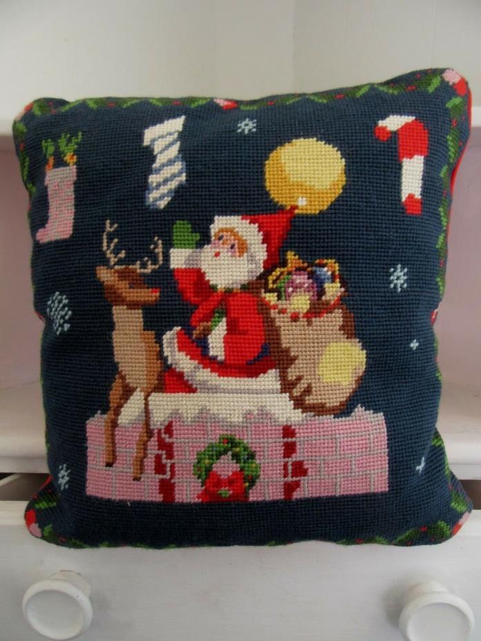 Steinwinder Needlepoint Christmas Pillow Cover Santa Sleigh Moon Holly Red Back