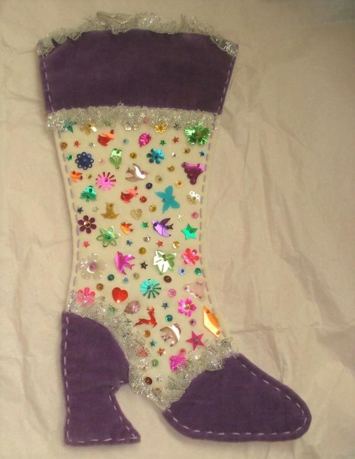 Vtg Christmas Stocking High Heeled Victorian Boot with Sequins & Spangles OOAK