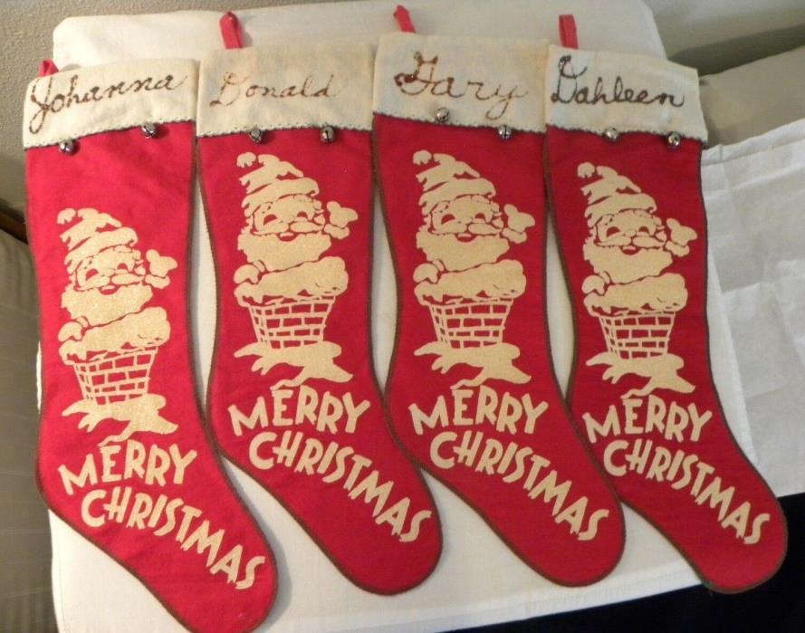 VTG RED FLANNEL FLOCKED CHRISTMAS STOCKING BELLS GREETING SANTA W/NAMES