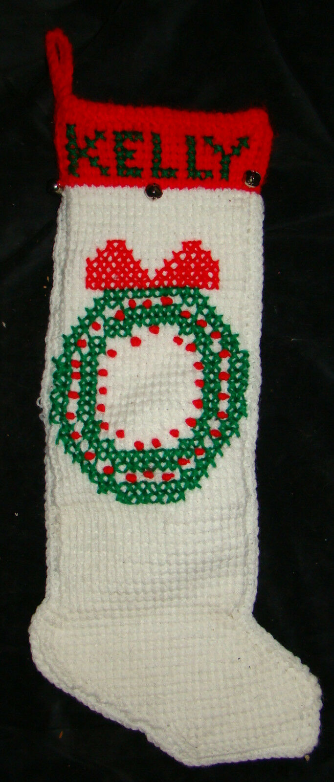 Vtg Hand Knit Yarn Christmas Wreath Stocking KELLY Personalized