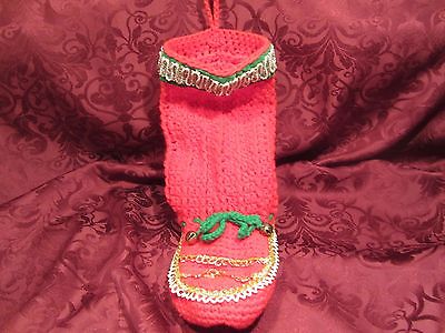 Christmas Stocking Hand Made Crocheted Bells Pearls Gold Holiday Decorations