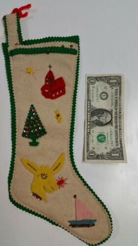 Vintage 1950s felt Christmas Stocking w appliques One owner