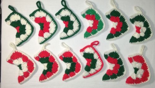 Vintage Handmade Crochet Christmas Stocking Bootie Ornament Lot of 12