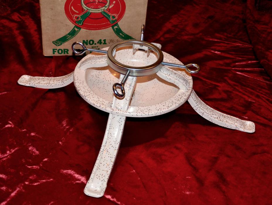 Vintage metal ChristmasTree Stand white w/silver glitter original Box No 41 USA