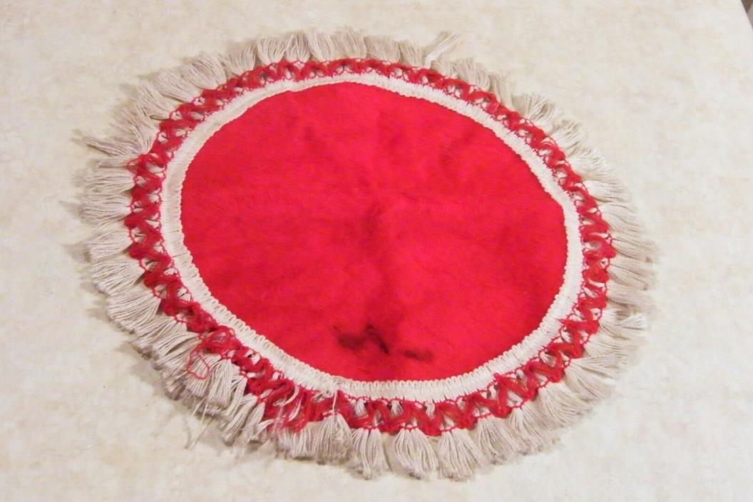 Vintage RED FELT Small CHRISTMAS TREE Tabletop Skirt RED WHITE FRINGE