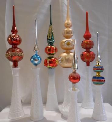 Lot of 7  Vintage Mercury Glass Tree Toppers on Milk Glass Vases Christmas Decor