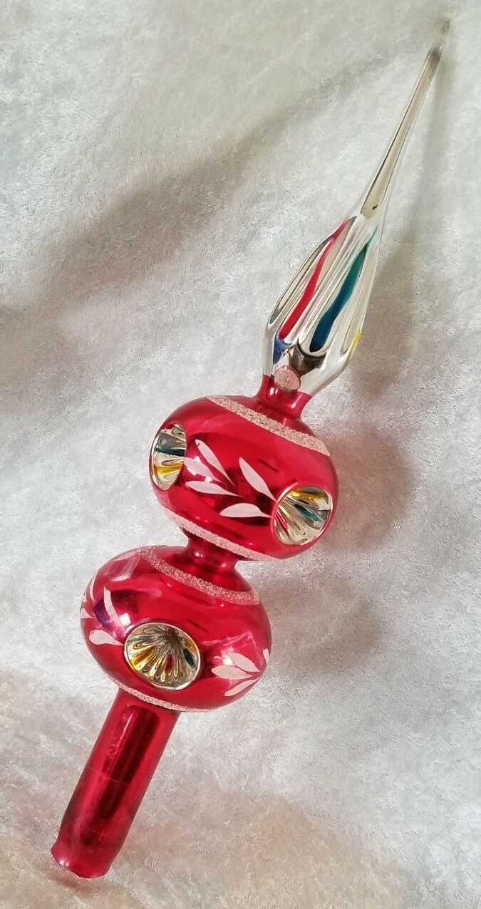 VINTAGE TRIPLE INDENT DOUBLE BALL FINIAL CHRISTMAS RED MERCURY GLASS TREE TOPPER