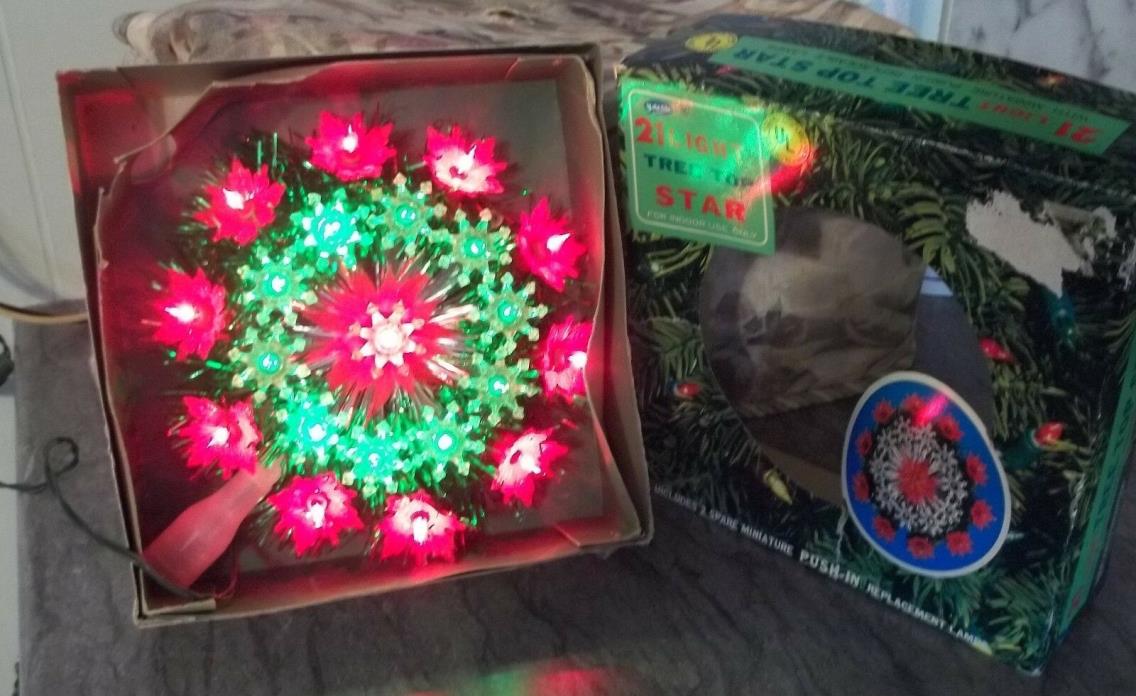 Vintage Yule Glo 21 Light Poinsettia Tree Topper - Red & Green Lights- with Box