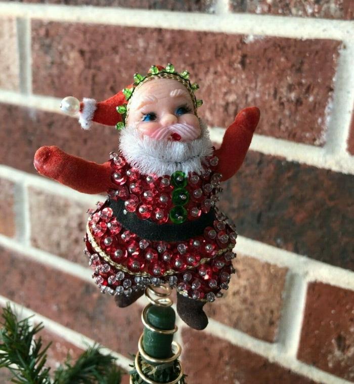 Vintage Mid Century Flocked Plastic Sequin Santa Mini Feather Tree Topper, 3