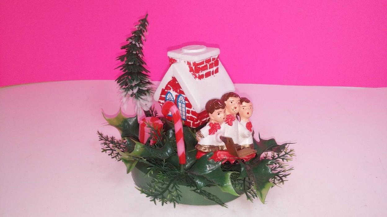 Vintage Plastic Christmas Decoration Caroling Children Outside Church Holly 1950