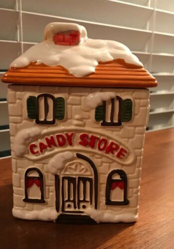 CERAMIC CHRISTMAS VILLAGE HOUSE CANDY STORE SHOP JAR - Made In Japan