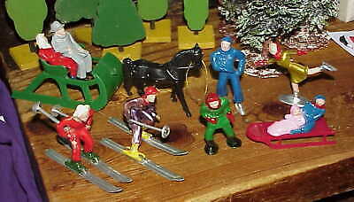 11pc set vintage winter fun Christmas village figures plastic resin skaters sled