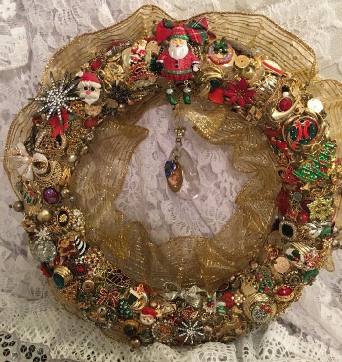 OOAK  Handmade Vintage Costume Jewelry Christmas Wreath Heirloom SO BEAUTIFUL!!!