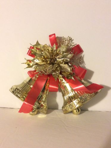 Vintage Christmas Wall Hanging Ornament Gold Bells Wreath Craft Plastic