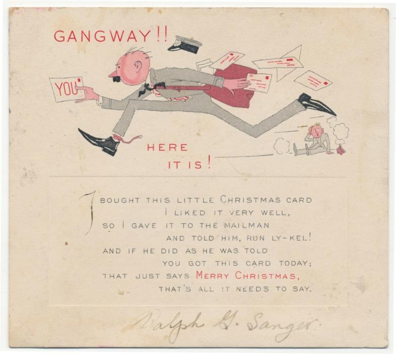 1920's Postman Gangway Here It Is Run Ly-Kel Christmas Card Ralph G Sanger