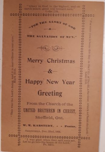 RARE VINTAGE-SHEFFIELD,ONT 1894 CHRISTMAS CARD-UNITED BRETHREN IN CHRIST CHURCH