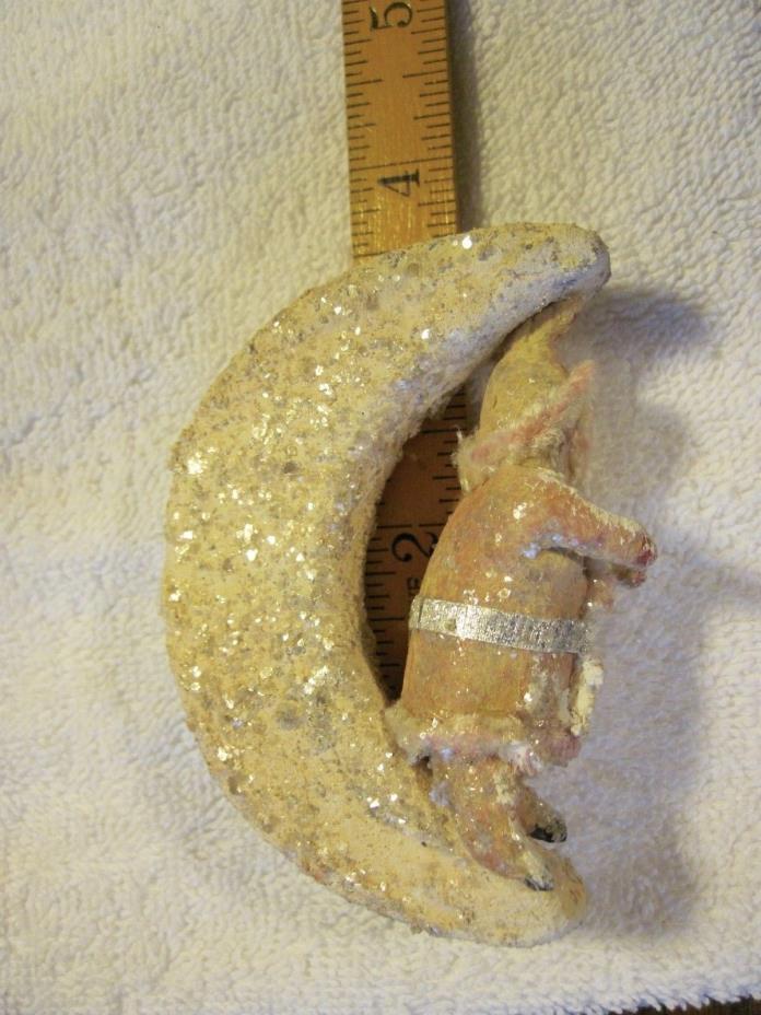 RARE VTG PINK SANTA CLAUS on Crescent Moon Christmas Paper Mache ORNAMENT