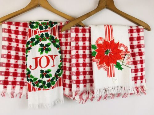 New Vintage Christmas Towel Lot 4 Joy Happy Holidays Red White Checker Cannon
