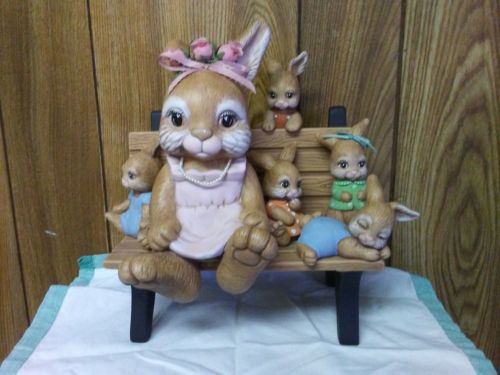 Ceramic Mother Bunny With Babies On Bench