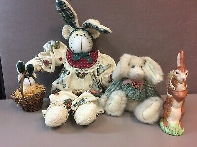 Lot of 4 Easter Rabbits Including 1 in Basket - 3 Stuffed 1 Ceramic The Boyd Co