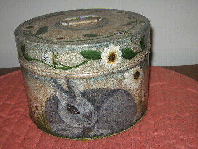 Hatbox Style Tin Easter Bonnet Box Hand Painted Grey Bunny Grass Flowers 8