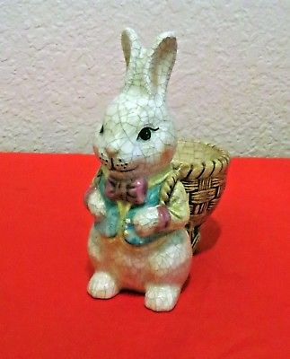 VTG Porcelain Easter Bunny Rabbit Basket Egg Votive Holder Crackle Glaze 4.5
