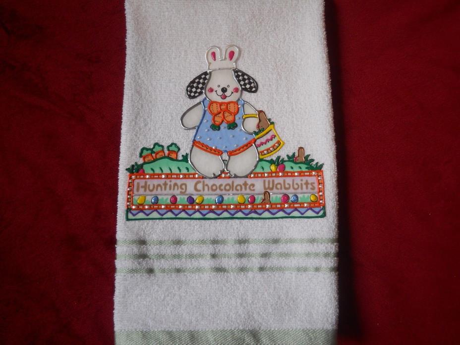 Easter Hand Towel Bathroom or Kitchen Puppy Hunting Chocolate Rabbits New