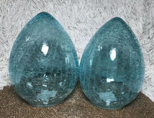 2 LARGE TEAL AQUA BLUE CRACKLE MERCURY GLASS EASTER EGGS SPRING EGG DECOR NEW