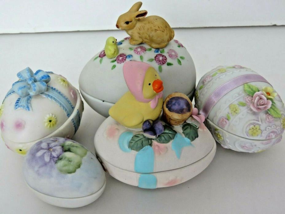5 Vintage Easter Covered Candy Eggs Ceramic Porcelain Lot Decorations A1974