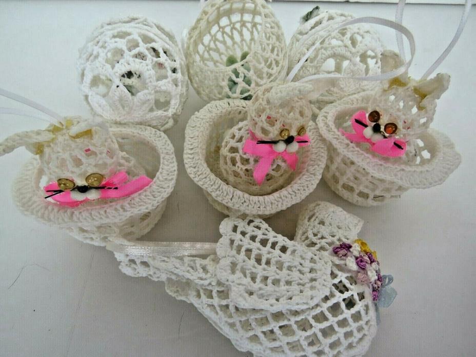 7 Vintage Handcrafted Crocheted Starched Easter Ornaments Lot Decorations  A1956