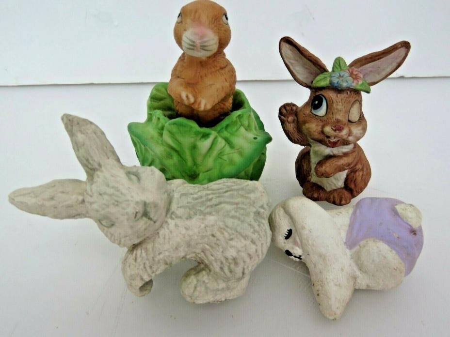 4 Vintage Easter Bunny Rabbits Ceramic Porcelain Figurines Lot Decorations A1975