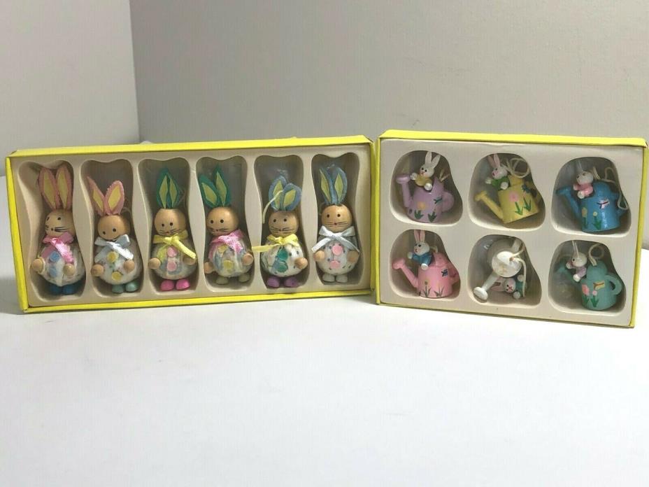 Lot 12 Vtg Painted Wooden Easter Ornaments Bunnies Rabbits Watering Cans Spring