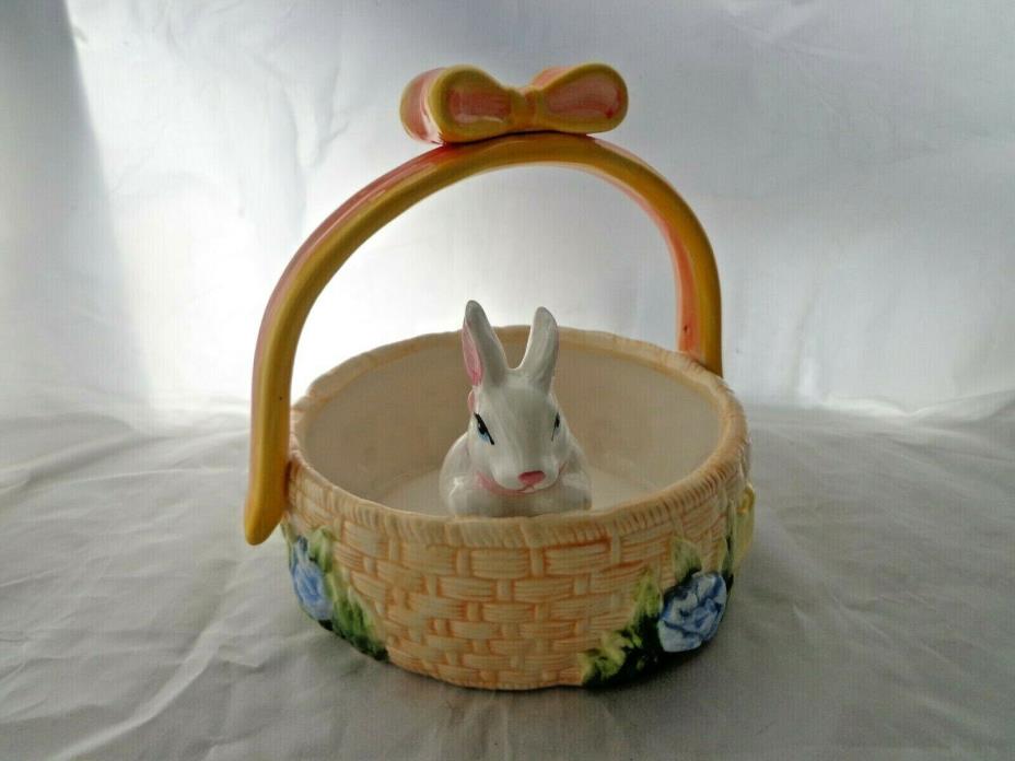 Vintage Ceramic Easter / Spring Basket With Bunny Rabbit & Flowers- World Bazaar