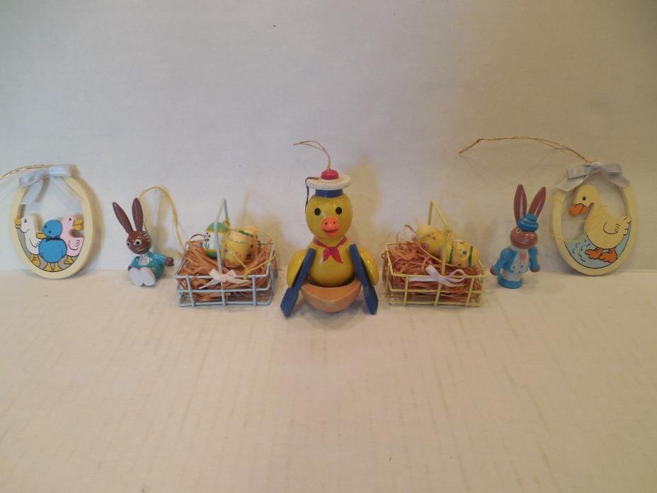 Lot of 7 Vintage Wooden Easter Ornaments Rabbits Ducks Baskets Eggs Hand Painted