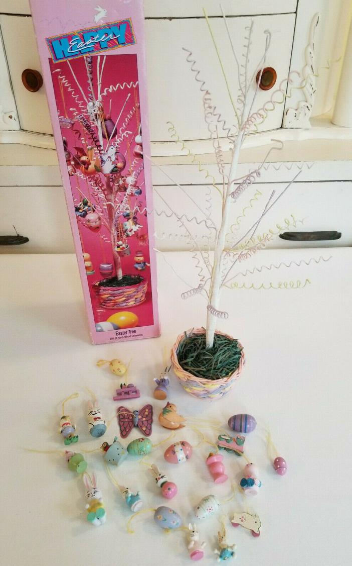 VTG 1980s/90s EASTER TREE W/ 24 WOOD ORNAMENTS Eggs Bunnies Chicks 18