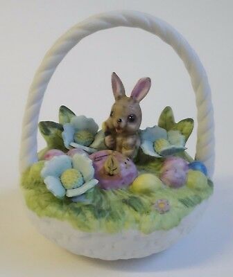 Vintage Easter Basket Figurine Bunny Rabbit Flowers Ceramic JAPAN
