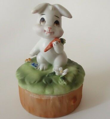 Vintage Lefton Ceramic Trinket Box White Rabbit Bunny w/ Carrot Easter Porcelain