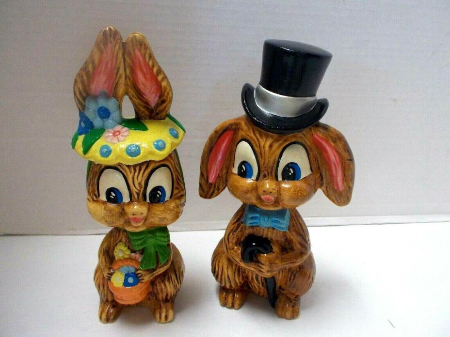 Vintage 1960's Ceramic Easter Parade BUNNY RABBIT FIGURINES with Top Hat ,Basket