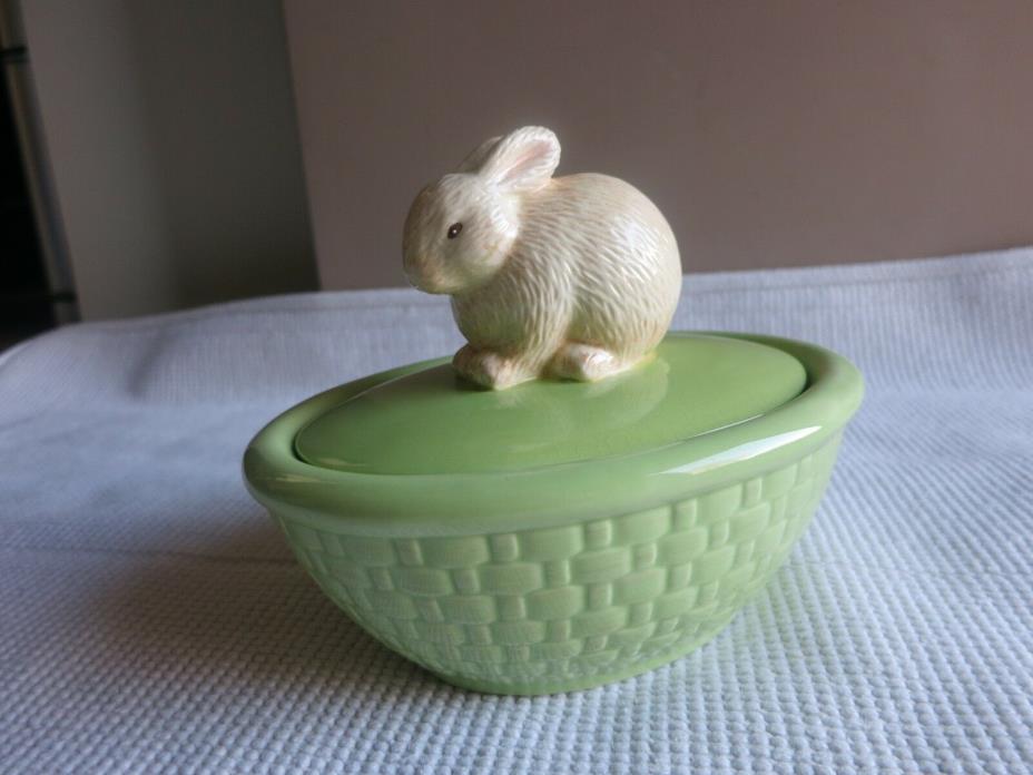 Adorable Ceramic Easter Bunny Rabbit sitting on basket Candy Dish~Hallmark~Wow!