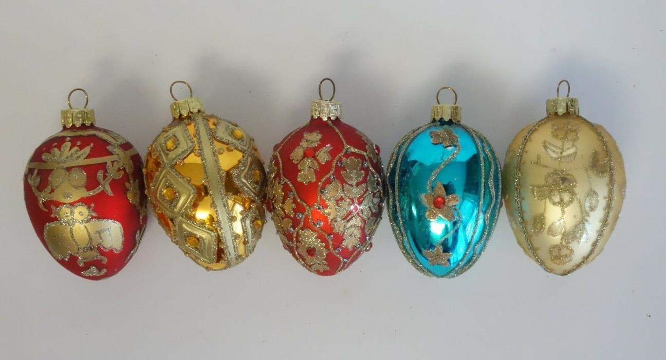 Set 5 Vintage EASTER EGG Tree Ornaments LOT Fabrege Egg Design Christmas JEWELED