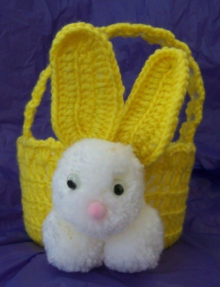 Vintage Crochet Knit Yarn EASTER BASKET Pom Pom Bunny Rabbit HANDMADE 7½