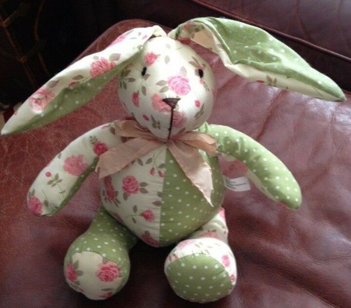 VINTAGE CLOTH EASTER BUNNY PINK AND GREEN FLORAL AND WHITE POLKA DOT