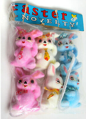 Vtg Easter Novelty Easter Bunny Basket Decor Tie On Rabbit Flock Craft NIP Japan