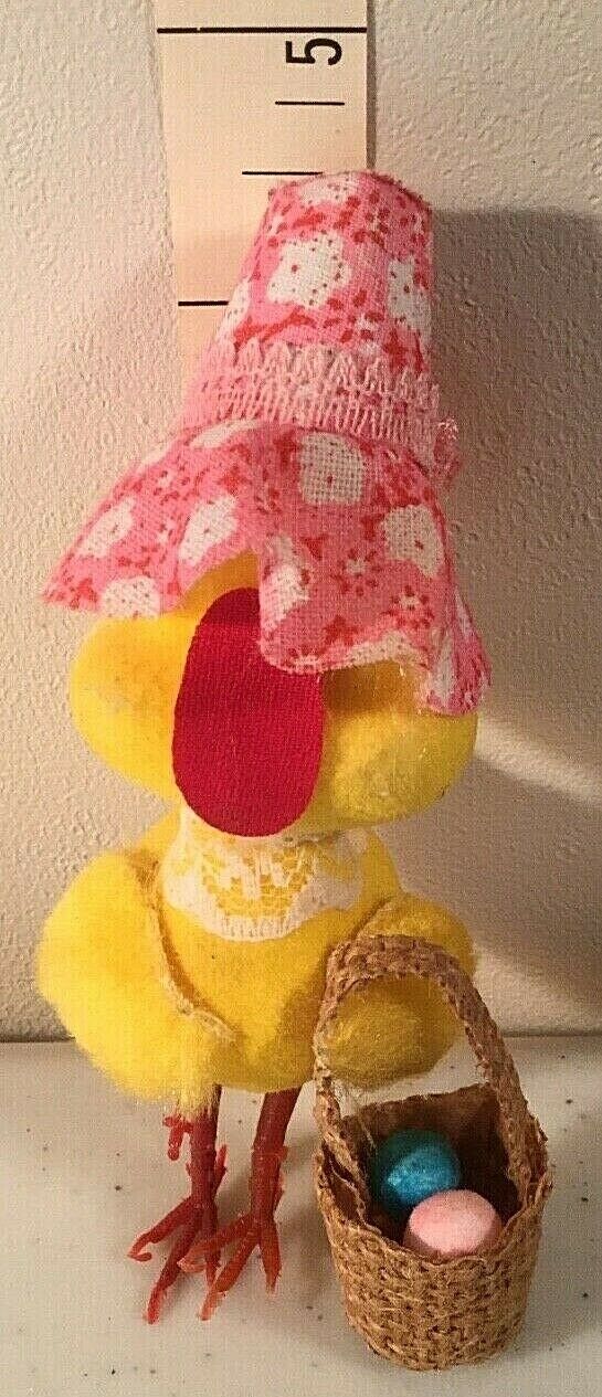 Vintage Chick with Pink Easter Hat Woven Easter Basket 2 Eggs Blue and Pin