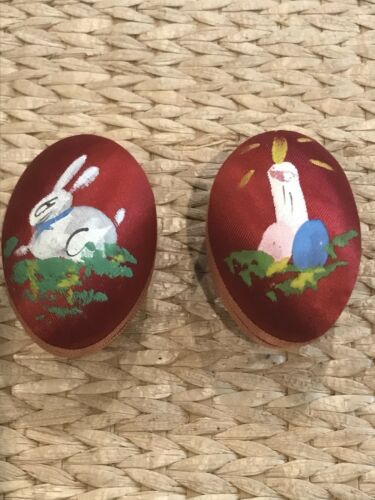 2 VINTAGE Red Cloth EASTER EGG CANDY CONTAINERS - Red Hand painted
