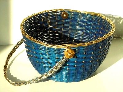vintage Easter Basket Wedding Flower Girl Basket round navy blue gold handle