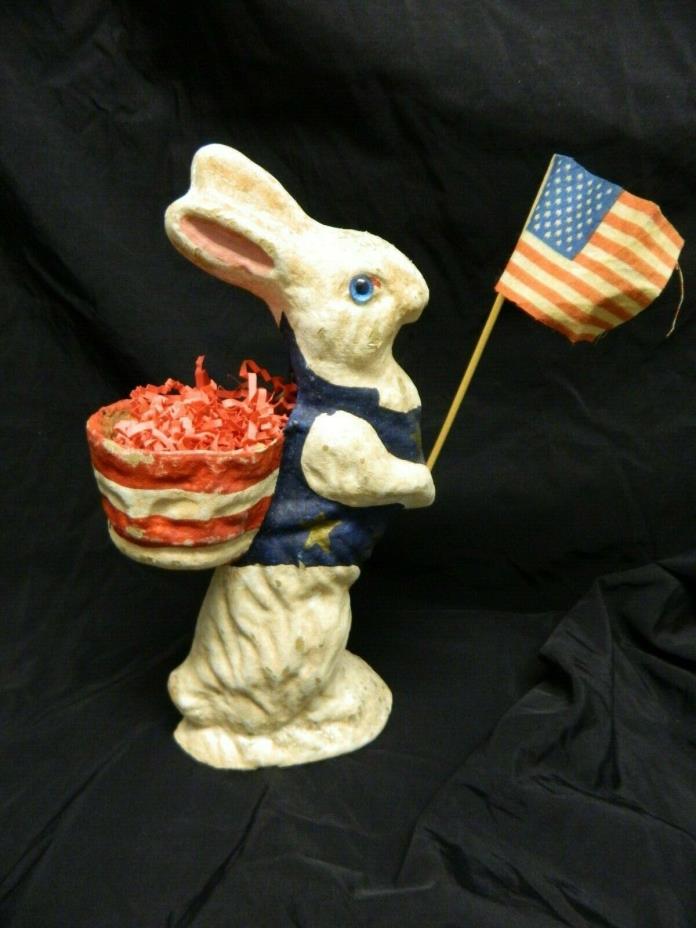 1998 Vtg. Jamieson Studios Paper Mache Rabbit w/Basket & Flag Figurine Patriotic